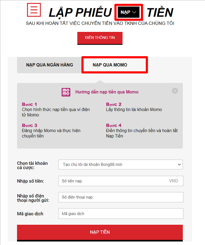 Hình thức nạp tiền qua tài khoản Momo