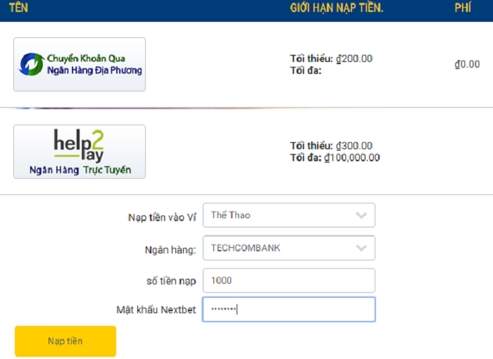 Nạp tiền trên nhà cái Nextbet