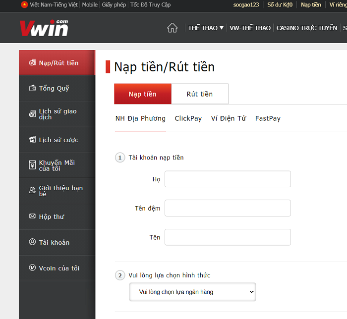 Nạp rút tiền Vwin đơn giản, nhanh chóng và an toàn