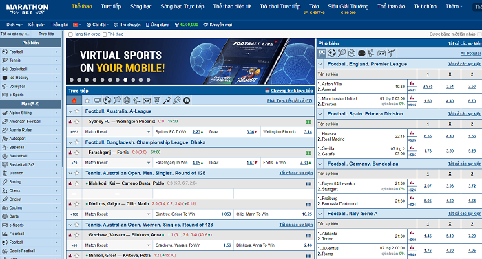 Giao diện tối giản của Marathonbet