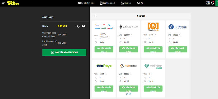 Parimatch hướng dẫn người chơi nạp tiền