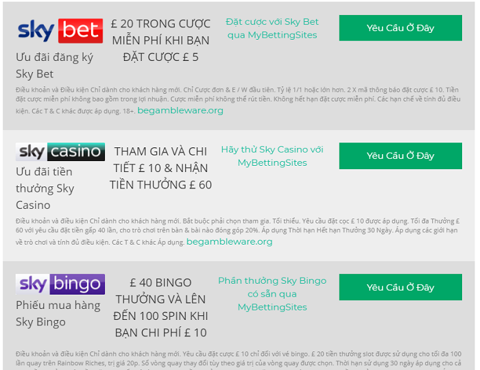 Sky Bet có những ưu đãi cụ thể cho từng trò chơi