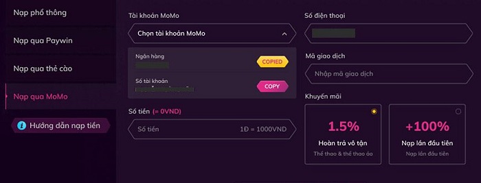 Nạp tiền nhanh với ví momo
