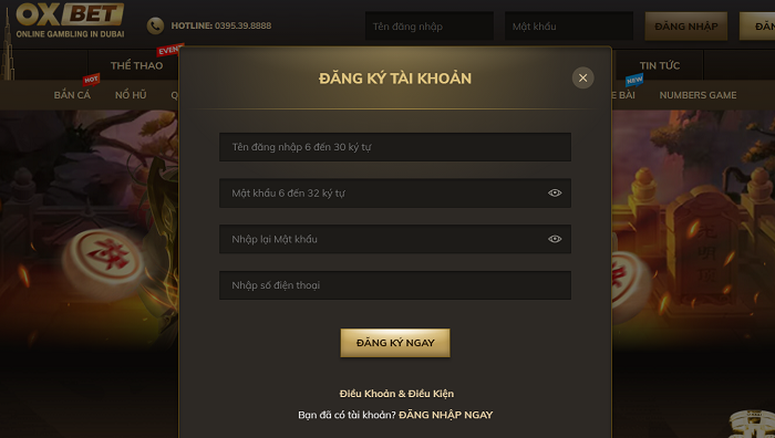 Giao diện đăng ký Oxbet