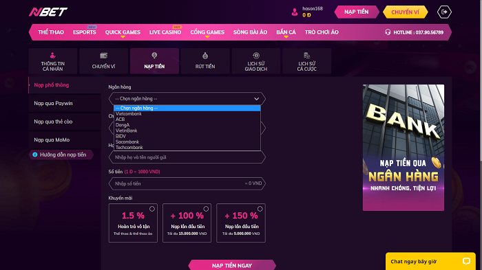 Cách nạp tiền vào tài khoản Nbet