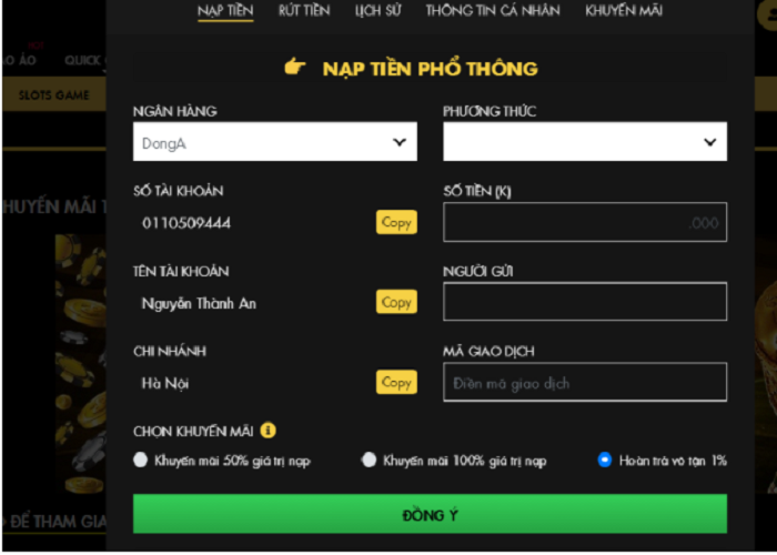 Nạp tiền vào tài khoản 11Bet