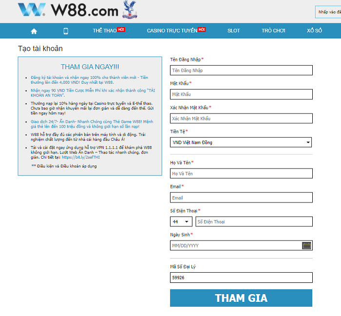 Đăng ký tài khoản W88