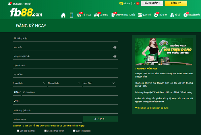 Giao diện đăng ký FB88