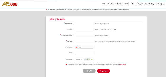 Đăng ký tài khoản AE888