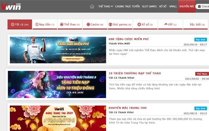 List khuyến mãi hấp dẫn của Vwin