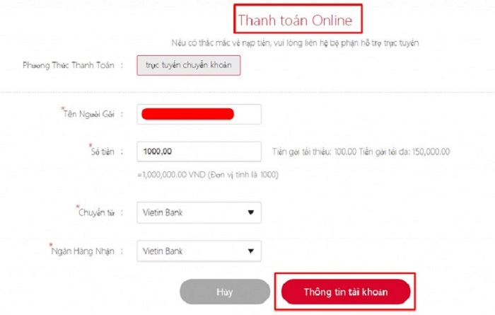 Hướng dẫn nạp tiền vào tài khoản