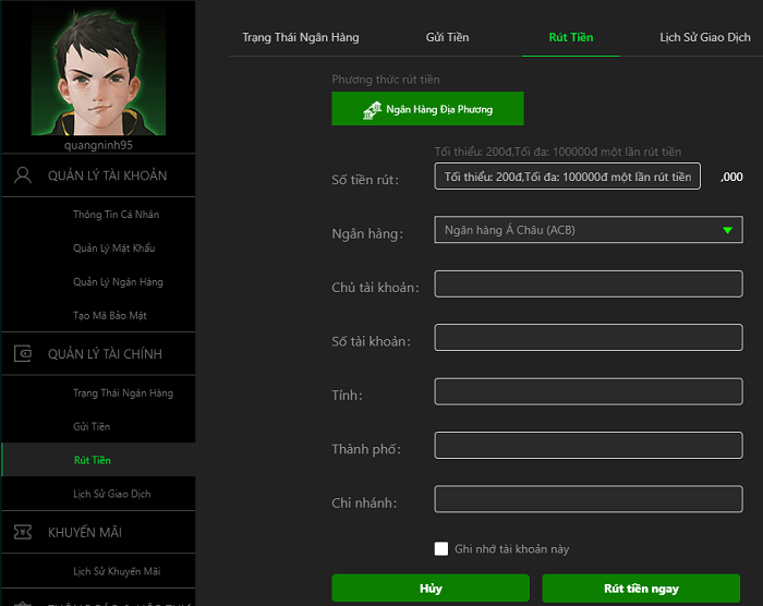 Rút tiền về tài khoản an toàn