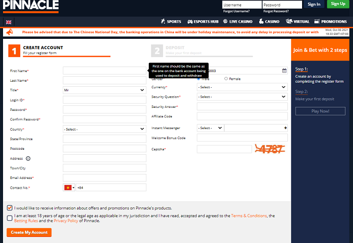 Giao diện đăng ký Pinnacle